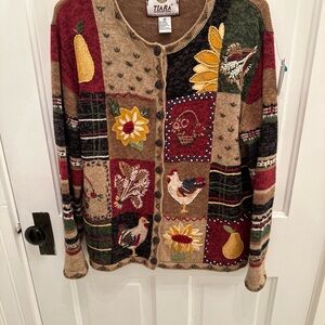 Vintage Tiara Int’l Embroidered Cardigan  Sweater Cottagecore Rooster Sunflower